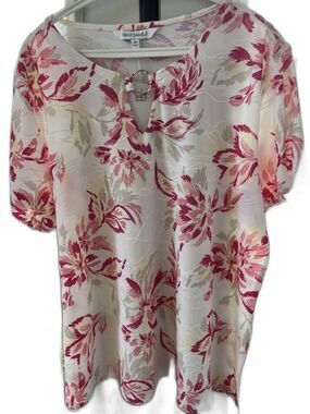 Emily Daniels Garden Floral Womens Top XL Ivory Pink Short Sleeve Cottagecore NW